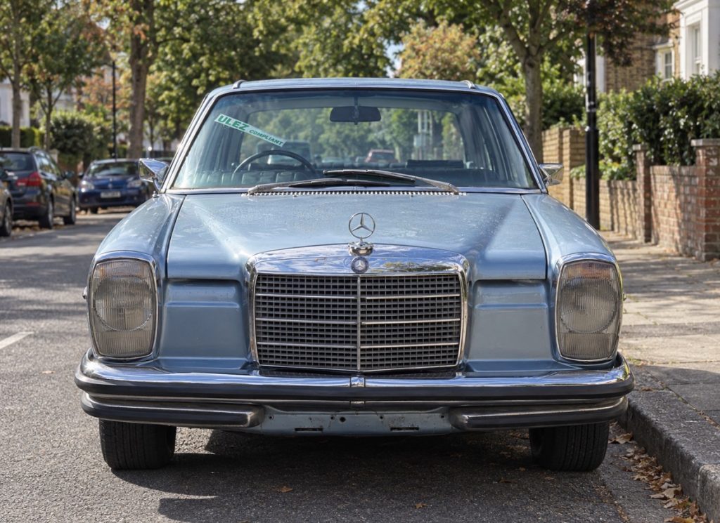 1972 Mercedes-Benz 280 CE pillarless coupé in light blue, front view, for sale at Global Classic Car Group, North London