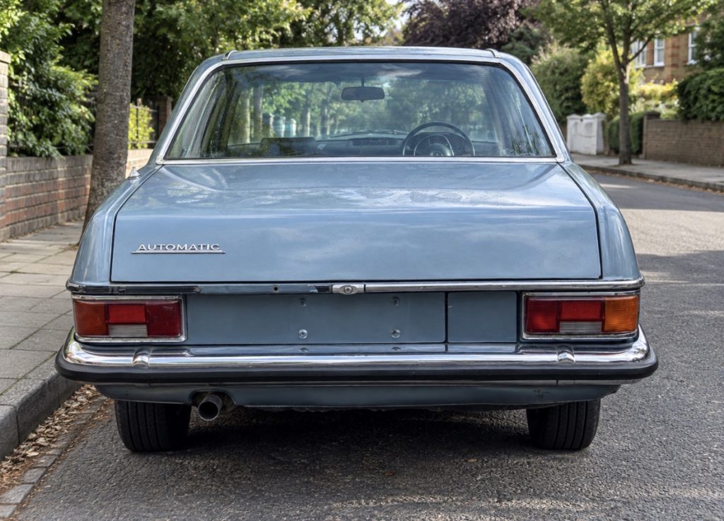 1972 Mercedes-Benz 280 CE pillarless coupé in light blue, rear view, for sale at Global Classic Car Group, North London
