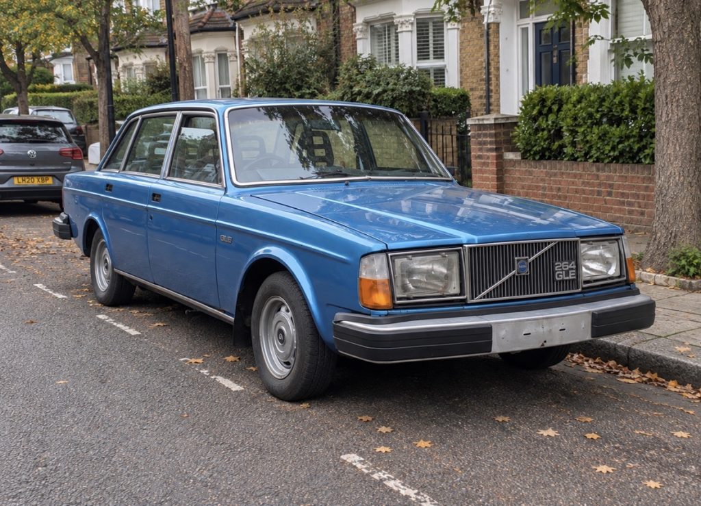 1979 Volvo 264 GLE V6 in blue, front three-quarter view